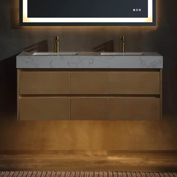 ANGELES HOME 48 in. W x 20 in. D x 21 in. H Double Sink Wall Bath Vanity in Maple with White Cultured Marble Top,LED Band,Soft Close