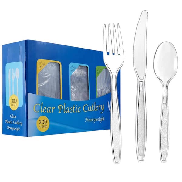 Clear Disposable Plastic Cutlery Set, 300-Piece Combo Box