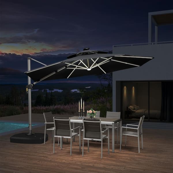 PURPLE LEAF 12 ft. Octagon Aluminum Solar Powered LED Patio Cantilever Offset Umbrella with Wheels Base, Black