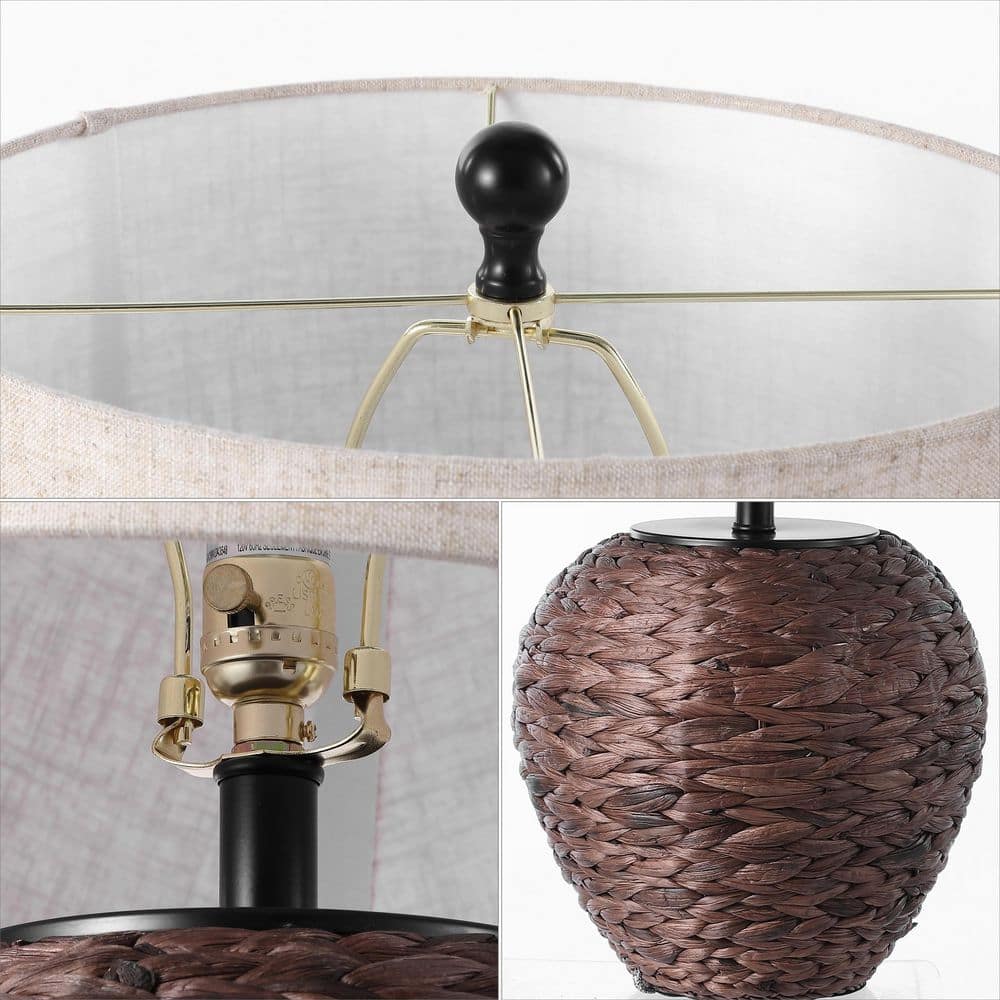 Dark Brown Water Hyacinth Basket Table Lamp with Beige Linen Shade