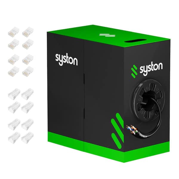 SYSTON CABLE TECHNOLOGY 1000 ft. Black 24AWG Solid Copper CAT 5E CMR Riser Rated Data Network Ethernet Wire with RJ45 8-Position 8-Contact
