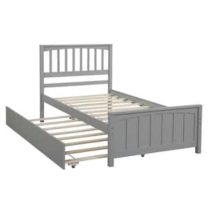 Gray Twin Size Wood Platform Bed with Trundle, Solid Wood Kid Bed with Headboard & Footboard, No Box Spring Needed