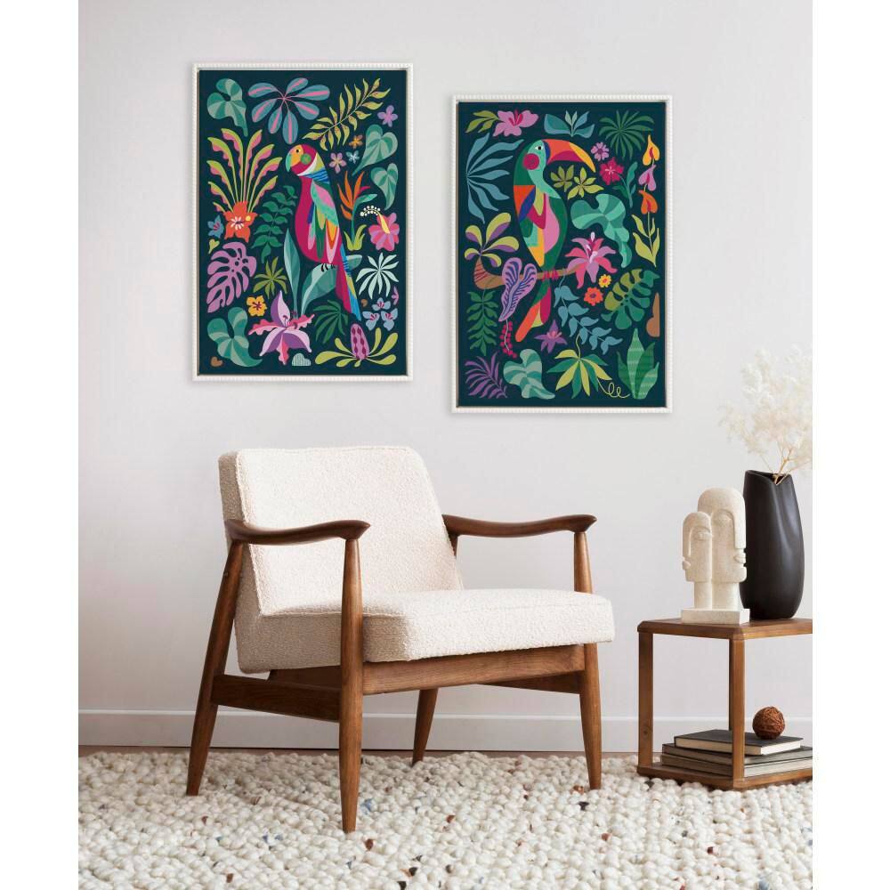 Tropical Parrot and Toucan Multicolor Canvas Art Set with Beaded White Frame