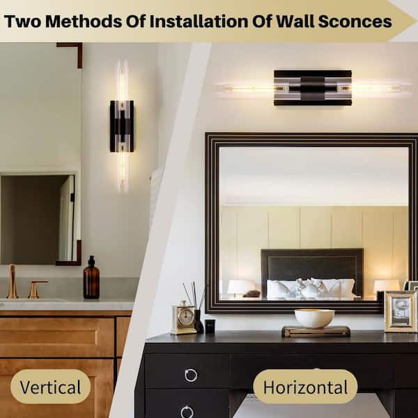 23 in. 2-Light Thickened Glass Wall Light, Black Wall Sconce for Bathroom, Mirror, Powder Room, Hallway, Kitchen (1PCS)