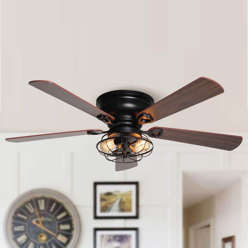 48 in. Indoor Wooden 5-Blade Flush Mount Matte Black Ceiling Fan with Light Kit and Remote Control price history on PriceWatchPro