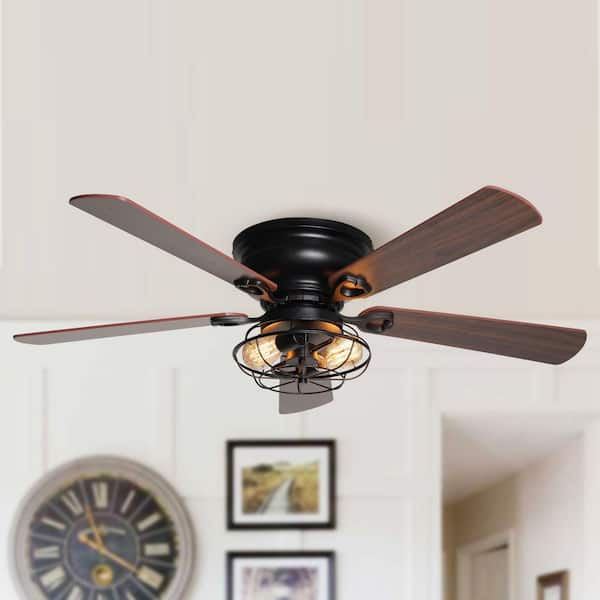 48 in. Indoor Wooden 5-Blade Flush Mount Matte Black Ceiling Fan with Light Kit and Remote Control