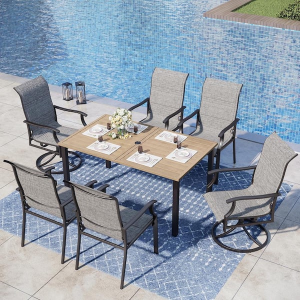 PHI VILLA 7-Piece Metal Outdoor Patio Dining Set with Brown Rectangle Slat Table-Top and Padded Swivel Rocker Texitilene Chair
