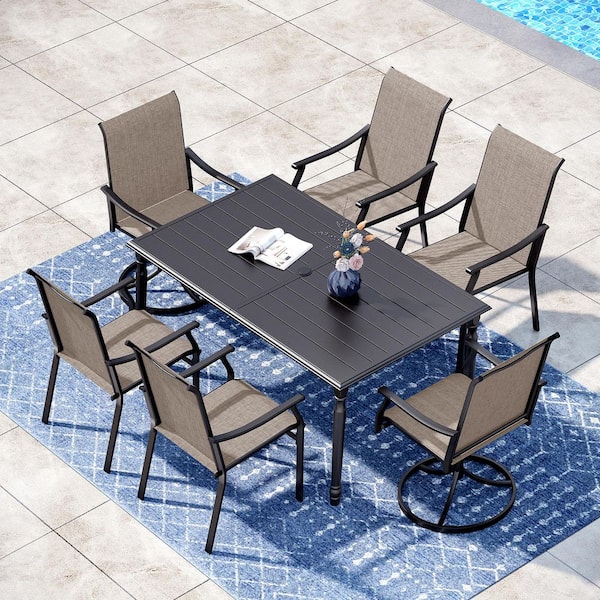 PHI VILLA Black 7-Piece Metal Rectangle Patio Outdoor Dining Set with Slat Table and Textilene Swivel Chairs