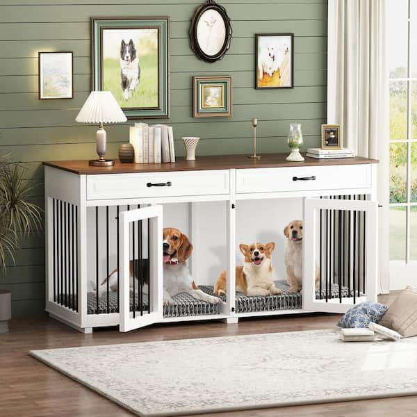 FUFU&GAGA 86.6 Large Dog Crate Furniture, XXL Dog Kennel for 2 Medium  Large Dogs Indoor with Storage Shelves and Divider, White  Y-THD-150179-0102-ccc - The Home Depot