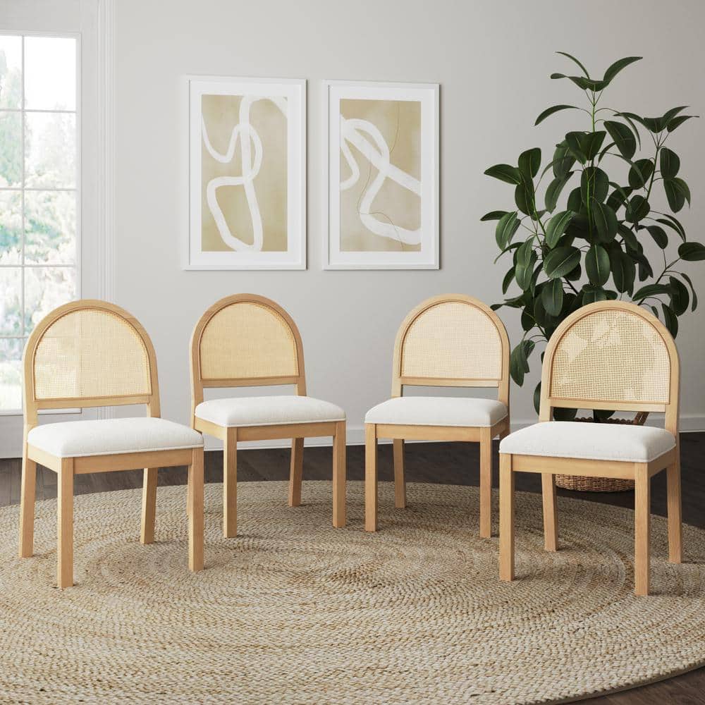 Cream Boucle and Warm Pine Upholstered Side Chair with Cane Back