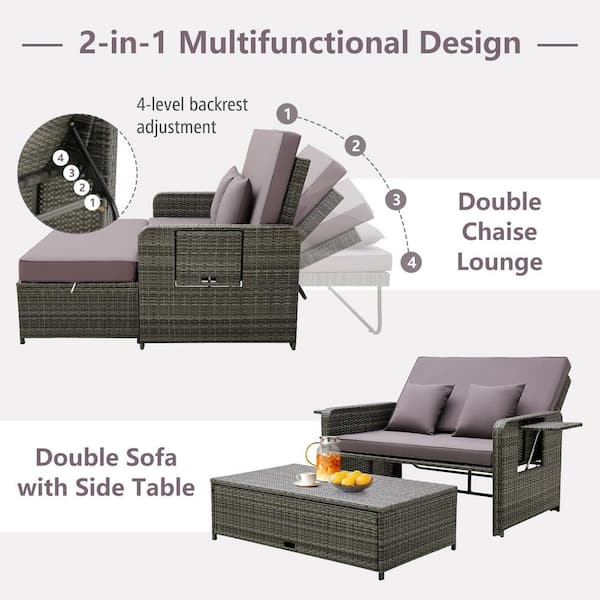 Double lying bed chaise lounge chair best sale set garden rattan wicker outdoor love seat