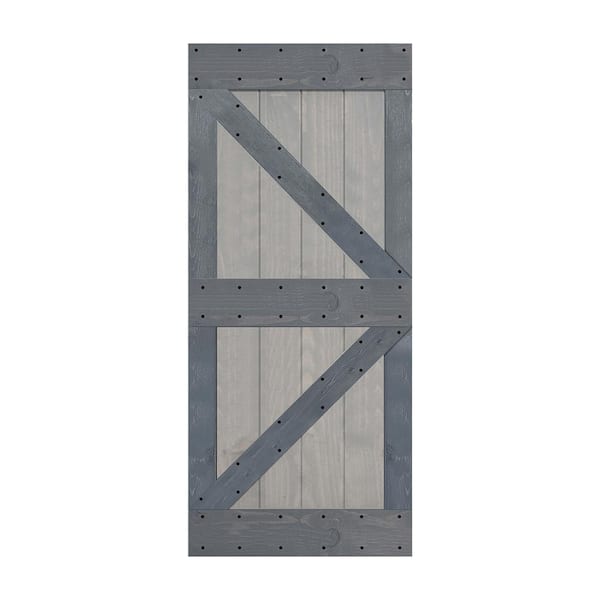 ISLIFE K Style 38 in. x 84 in. French Gray/Dark Gray Finished Solid Wood Sliding Barn Door Slab - Hardware Kit Not Included
