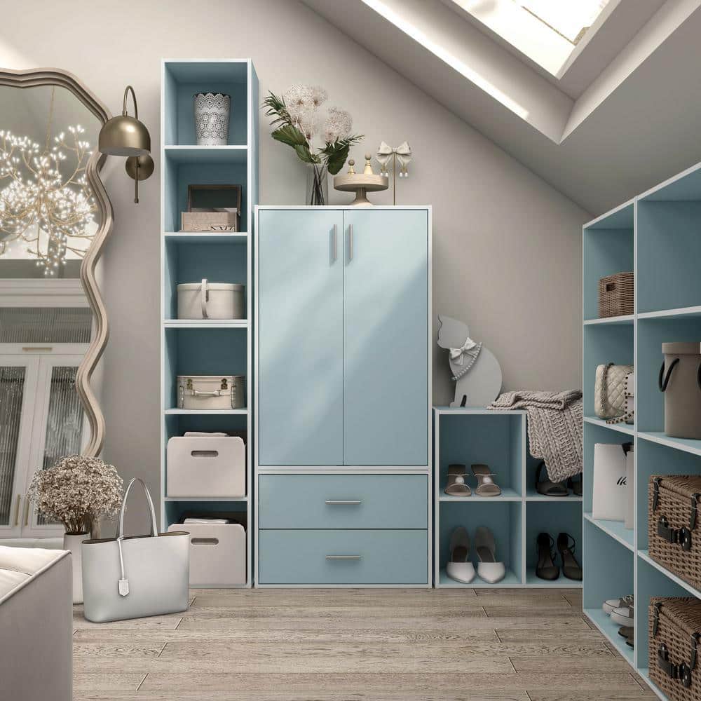 Light Blue Stackable Wood Kids Cabinet with Doors