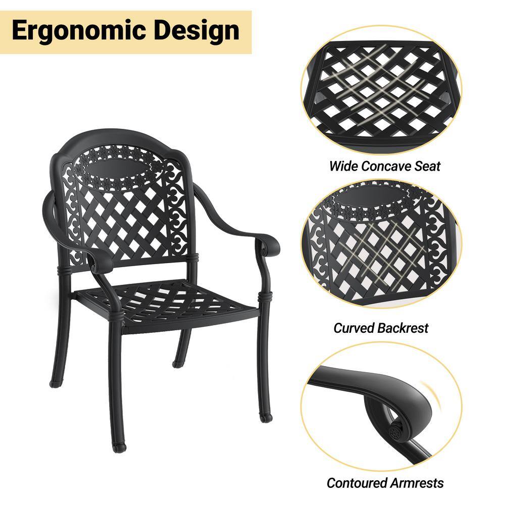 Matte Black Cast Aluminum Outdoor Dining Armchairs with Multicolor Cushions