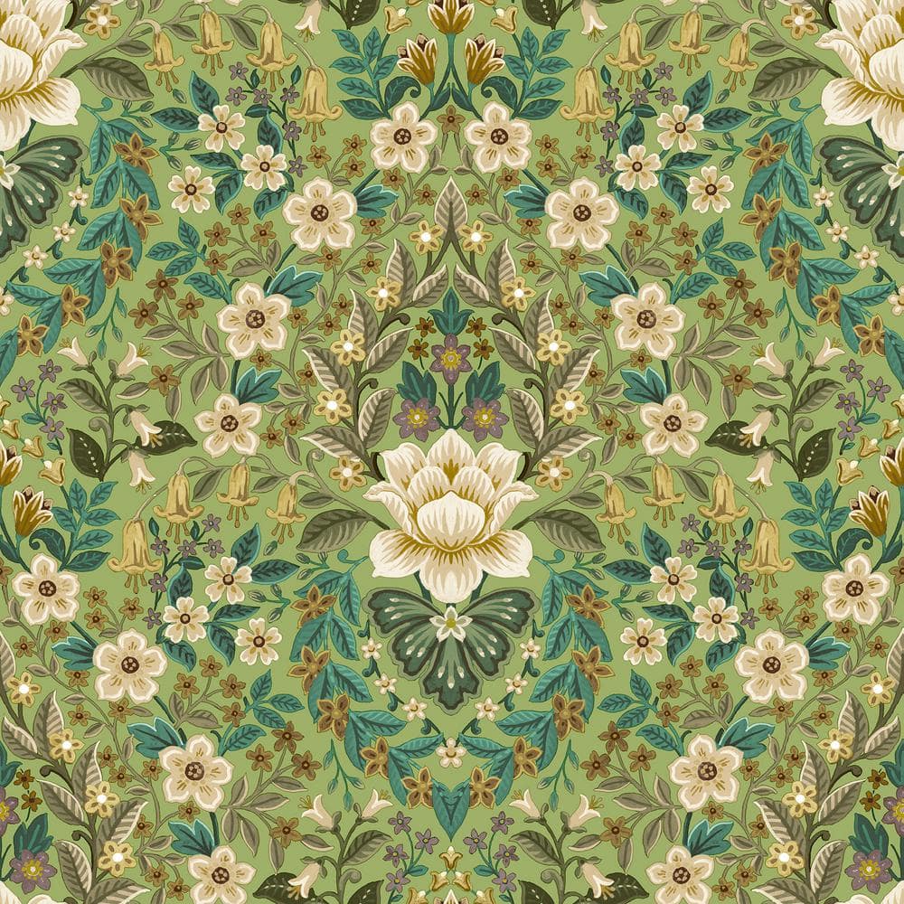 Into The Wild Green Metallic Floral Damask Non-Pasted Non-Woven Paper Wallp