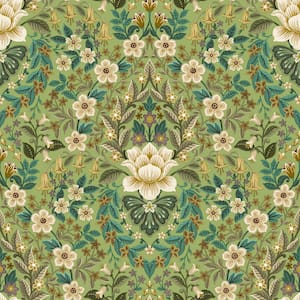 Into The Wild Green Metallic Floral Damask Non-Pasted Non-Woven Paper Wallpaper Roll