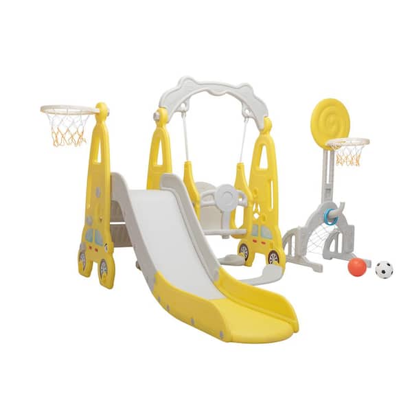 Unbranded 5-in-1 Yellow Gray Indoor, Outdoor Freestanding Playset Slide Car with 2 Basketball Hoops, Football, Ringtoss