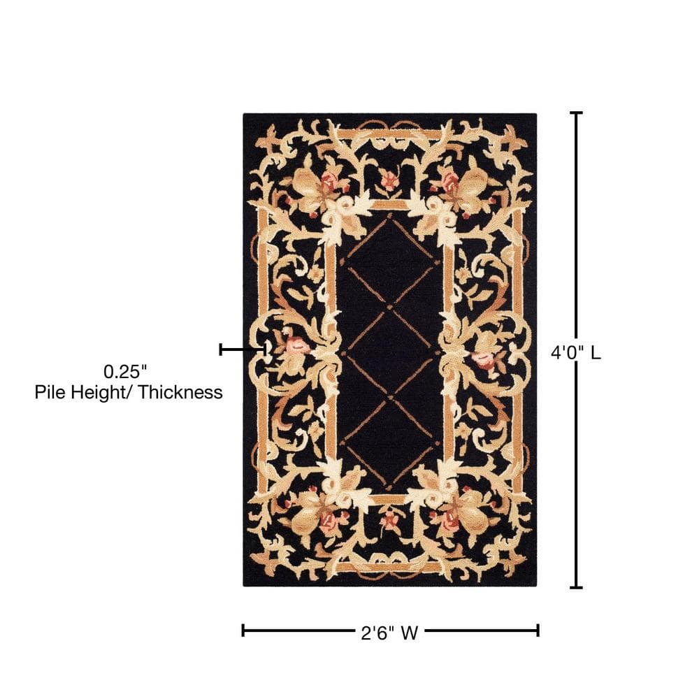 Black Floral Hand-Hooked Wool Runner Rug