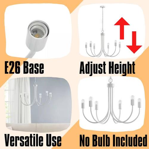 Modern 6-Light Gloss White with Graceful Scroll Arms French Candelabra Round Chandelier for Dining Room and Foyer Chandeliers