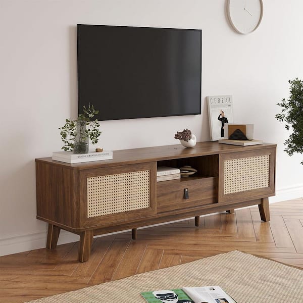 Wood TV Stand for Up to 70 in. TVs Entertainment Center with Storage in Brown