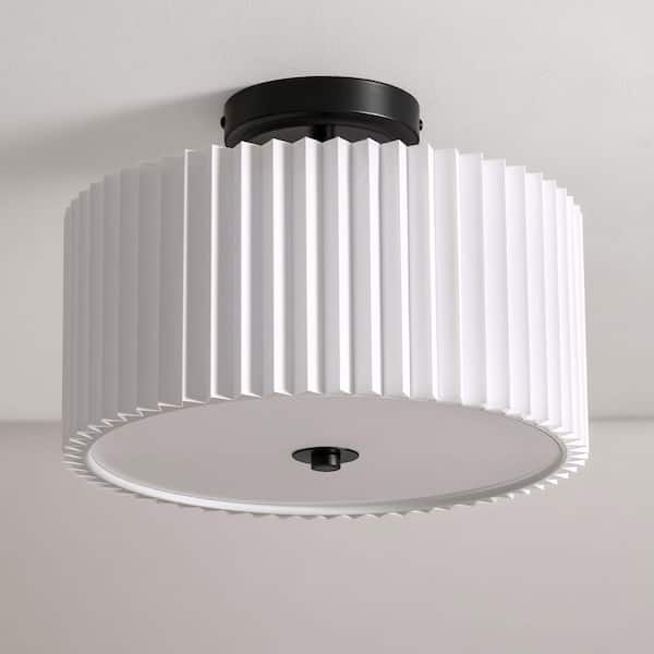 12.2 in. 2-Light Matte Black Semi-Flush Mount Ceiling Light with Pleated Drum Shade