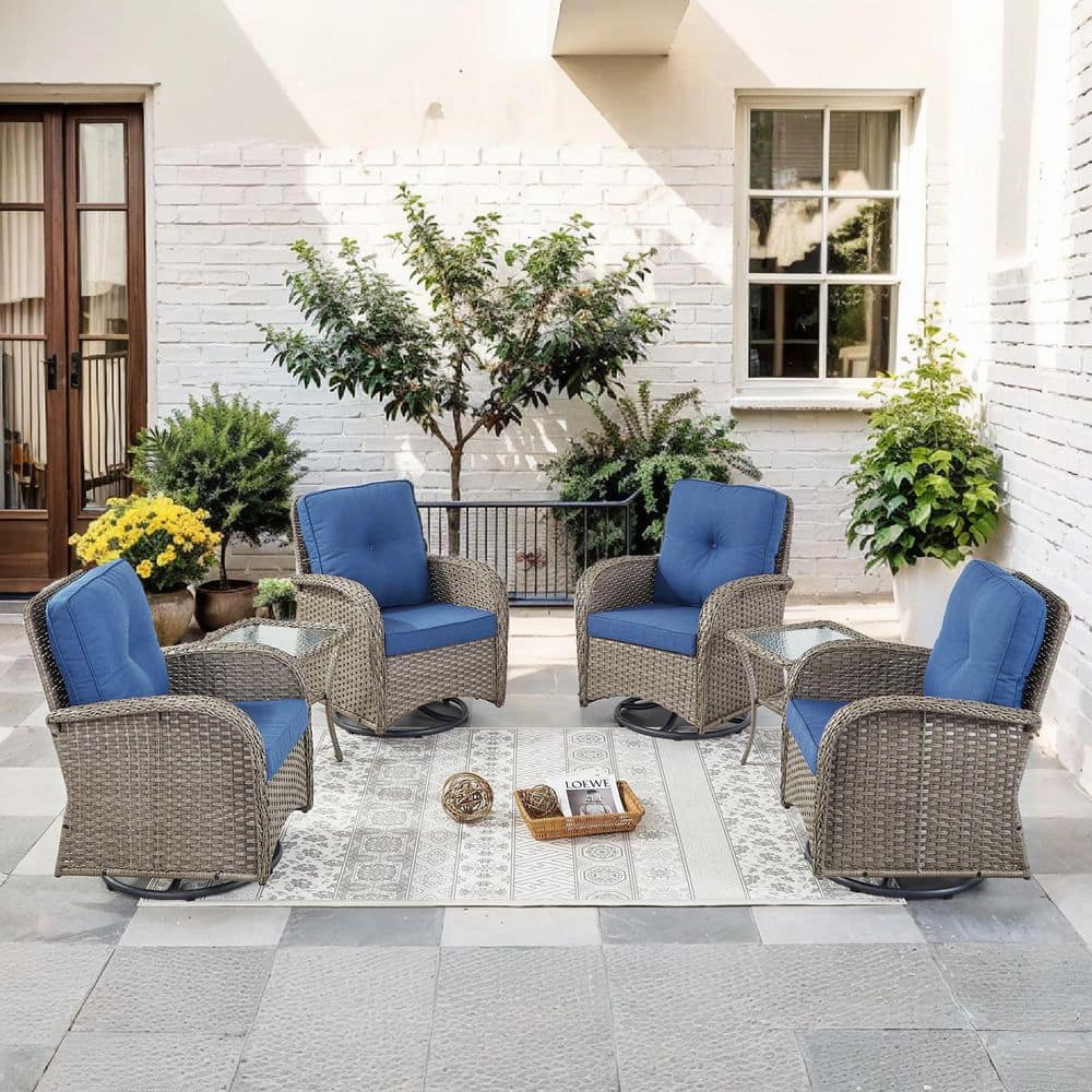 Sleek Arm 6-Piece Gray Wicker Patio Conversation Set with Olefin Blue Cushions Patio Swivel Chairs and Side Table price history on PriceWatchPro