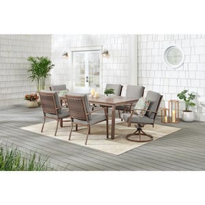 Geneva 7-Piece Brown Wicker Outdoor Patio Dining Set with CushionGuard Stone Gray Cushions