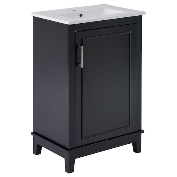 Cesicia 20 in. W x 15.5 in. D x 33.3 in. H Single Sink Bath Vanity in Black with White Ceramic Top and Door Shelves