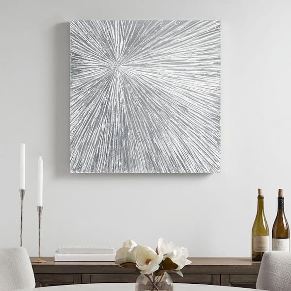 Unbranded Contemporary Sunburst Unframed Silver Hand Painted Dimensional Resin Wall Art Print 30 in. x 30 in. for Indoor Decor