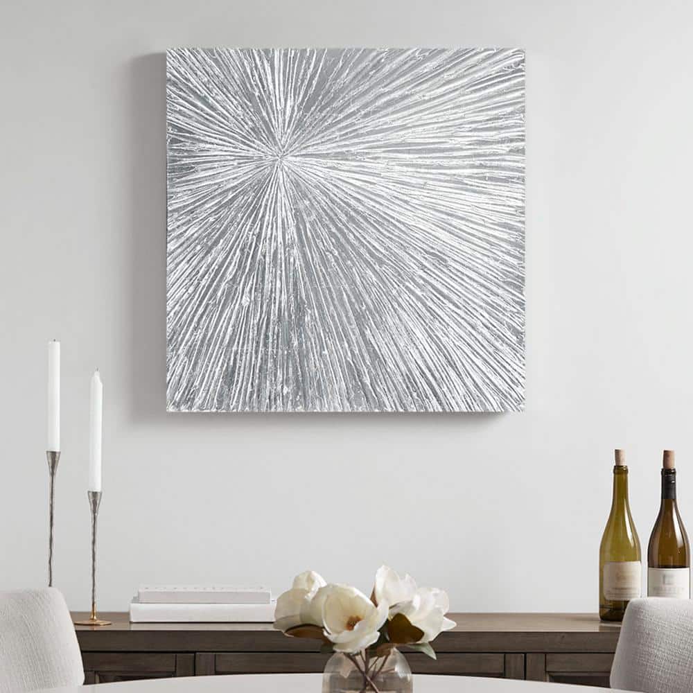 Contemporary Sunburst Unframed Silver Hand Painted Dimensional Resin Wall A