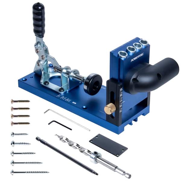 ‎POWERTEC Aluminum Pocket Hole Jig Set with 1-1/4 in. OD Dust Port, Drill Bit, Drill Stop, Toggle Clamp and Screws