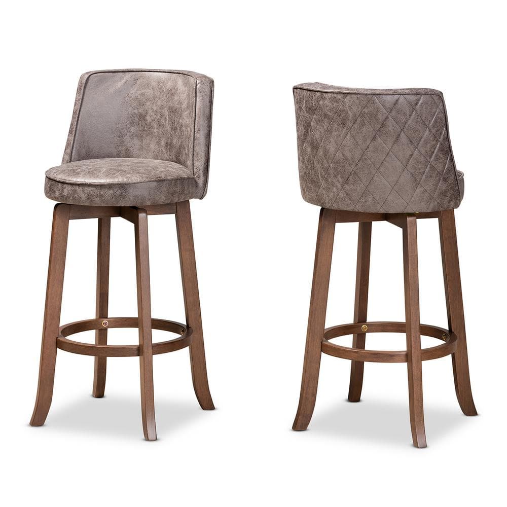 Adams Walnut Brown Swivel Bar Stools with Grey Upholstery, Set of 2