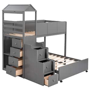 Gray Wooden Twin over Full Bunk Bed with with 2-Shelves and Seven Drawers