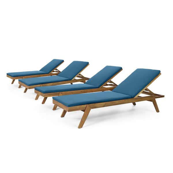 Noble House Bexley 4-Piece Wood Outdoor Chaise Lounge with Blue Cushions