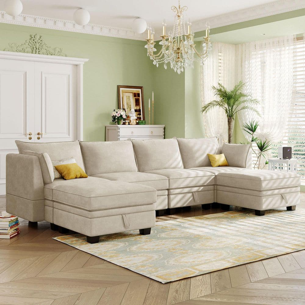115 in. Convertible Linen U-Shape Modular Sectional Sofa in Beige with Reve