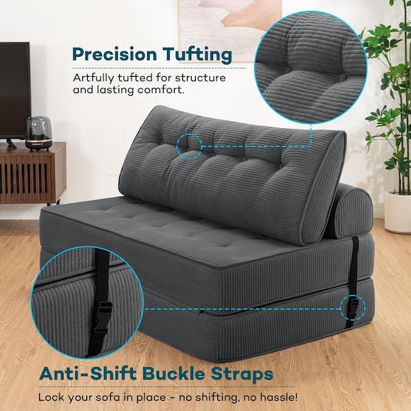 Hommpa 51.18 in. Folding Gray Corduroy Full Size Folding Sofa Bed
