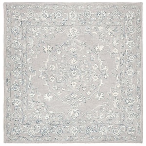 Micro-Loop Light Grey/Ivory 5 ft. x 5 ft. Square Border Floral Area Rug