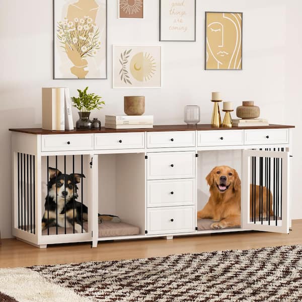 89 In. Large Dog Crate Furniture With 8 Drawers, Indoor XL Heavy Duty Wooden Dog House Kennel for 2 Medium Dogs, White