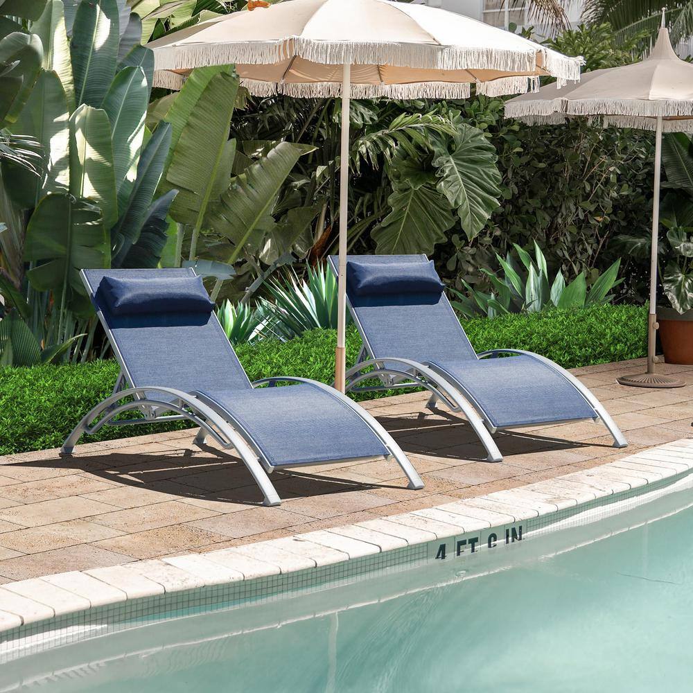 Navy Blue Aluminum Adjustable Outdoor Chaise Lounge Set with Cushions