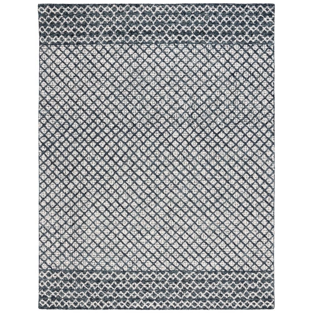 Ivory and Navy Abstract Hand-Tufted Wool Area Rug, 8' x 10'