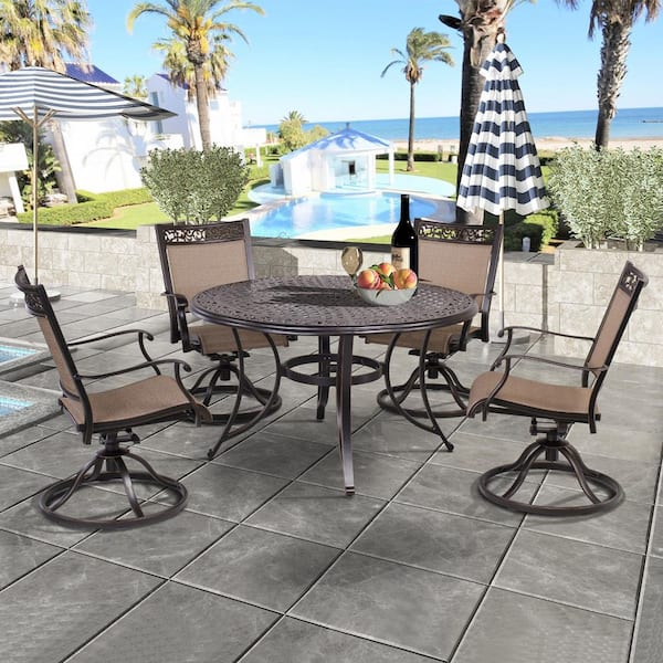 Unbranded 5-Piece Aluminum Patio Dining Set, 4-Outdoor Sling Swivel Chairs and 48 in. Round Alum Casting Table with Umbrella Hole