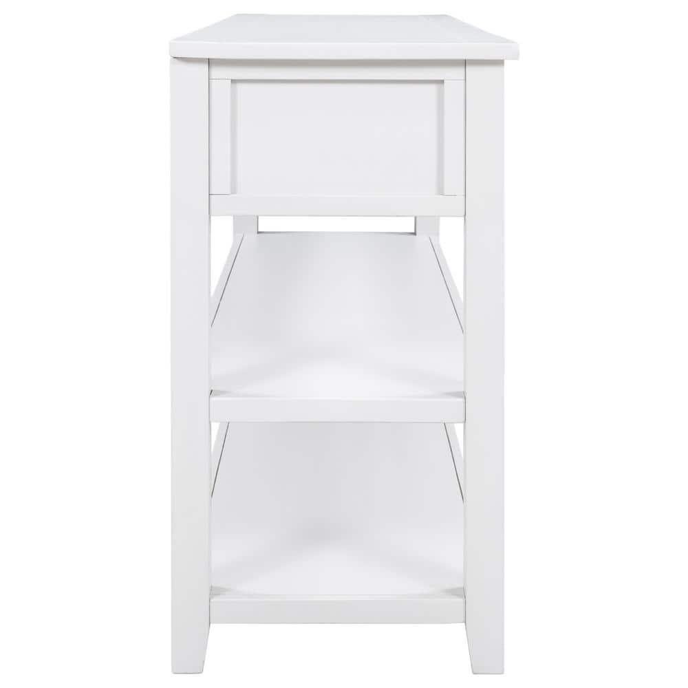 White Pine Wood Console Table with Storage Shelves and Drawers