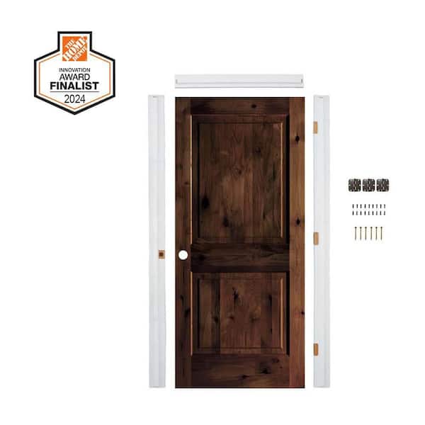 DIY 36 in. x 80 in. Knotty Alder Square Top RH Red Mahogany Stain Wood Single Interior Door Kit w/ Quick Assemble Jamb