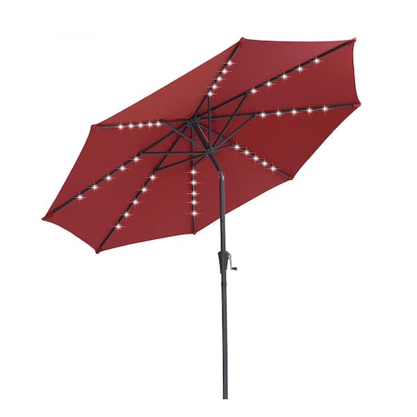 Unbranded 9 ft. Patio Umbrella Solar Powered LED with Tilt and Crank in Red
