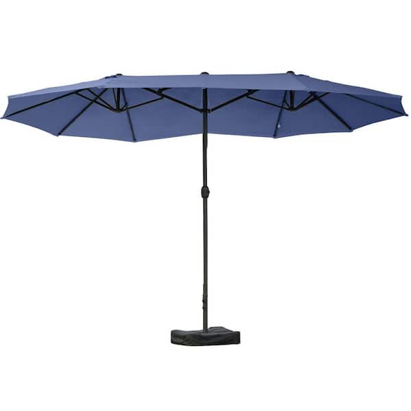 15 ft. Steel Rectangular Outdoor Double Sided Patio Umbrella with Base, Sun Protection and Easy Crank, Dark Blue