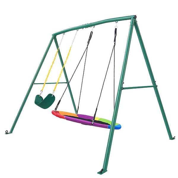 Blue & Red Swing Set with Saucer and Belt Swings Included, Heavy Duty A-Frame Metal Stand for Outdoor Play Specialty