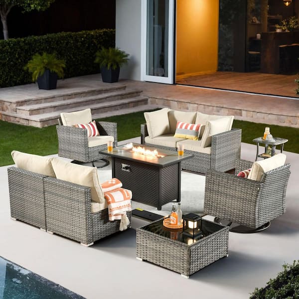 XIZZI Echo 9-Piece Wicker Patio Rectangular Fire Pit Set with Beige Cushions and Swivel Rocking Chairs