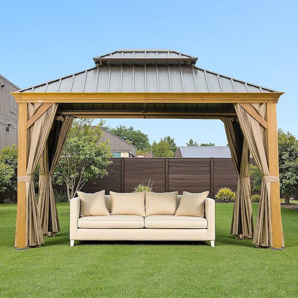10 ft. x 12 ft. Yellow Brown Outdoor Aluminum Gazebo with Galvanized Steel Double Canopy and Curtains and Netting