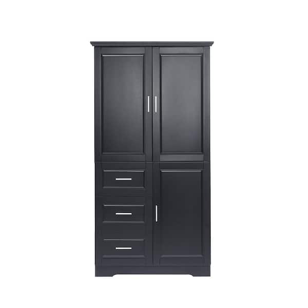 cadeninc 32.6 in. W x 19.6 in. D x 62.2 in. H Black Tall and Wide Storage Cabinet Linen Cabinet with 3-Drawers and Doors