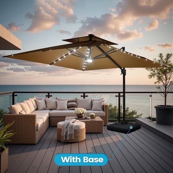 11-ft tan solar powered crank offset patio umbrella with base Tangkula 10ft Included, Cantilever Outdoor Umbrella with 32 LED Lights, 360 Degree Rotation, Handle for Pool Deck Garden Backyard (Tan) : Patio, Lawn & Garden This Outdoor Cantilever Umbrella features a stylish double 11 ft Outdoor Double Top
